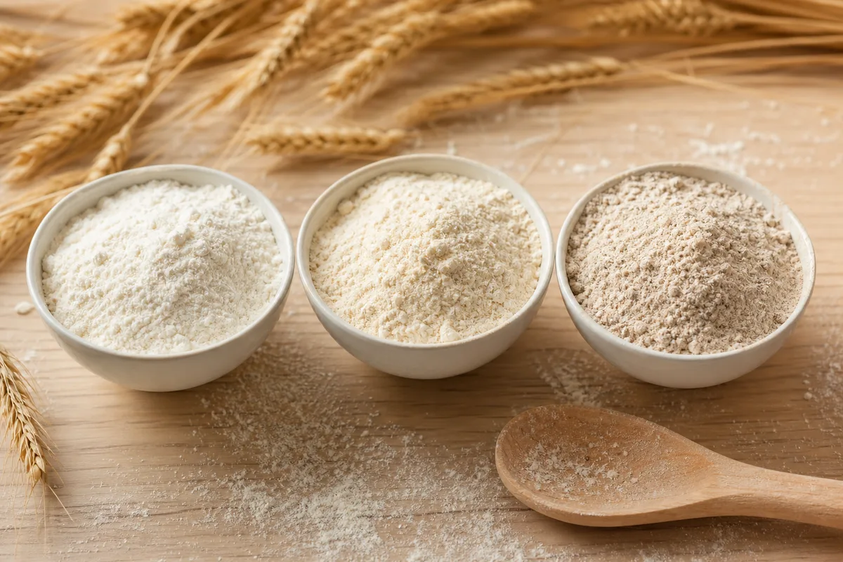 Trois bols de farines de blé de types différents sur un plan de travail en bois clair, texture des grains visible en lumière naturelle