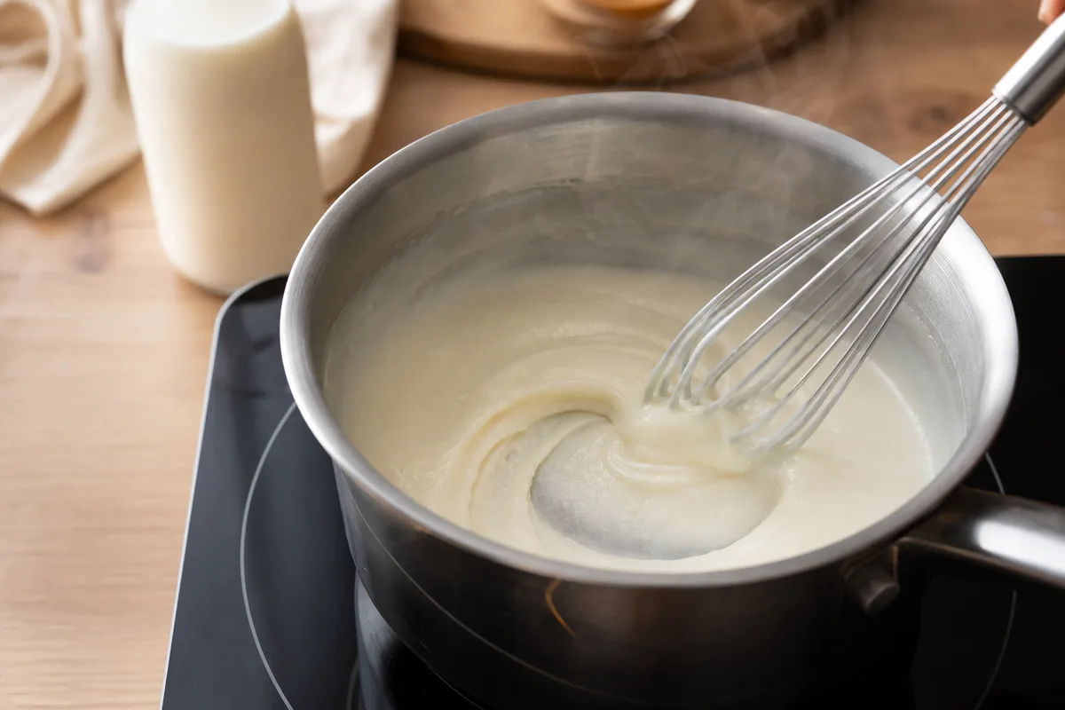Casserole avec une pâte blanche épaisse de tangzhong travaillée au fouet, vapeur légère, cuisine lumineuse