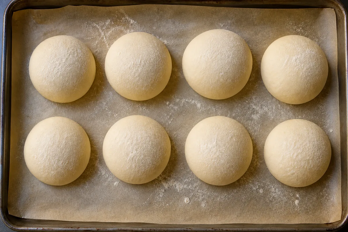 Huit pâtons ronds de pâte à pain espacés sur une plaque de cuisson, surface lisse et farinée, lumière rasante