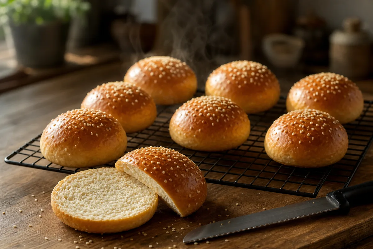 Buns dorés aux graines de sésame refroidissant sur une grille métallique, mie visible sur un pain tranché