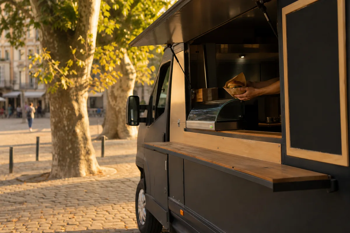 Food truck de street food végétale stationné sur une place, fenêtre de service ouverte