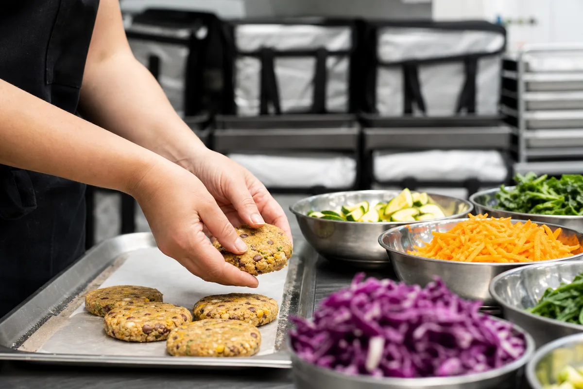 Préparation de galettes de légumineuses et de bowls végétaux dans une cuisine de production