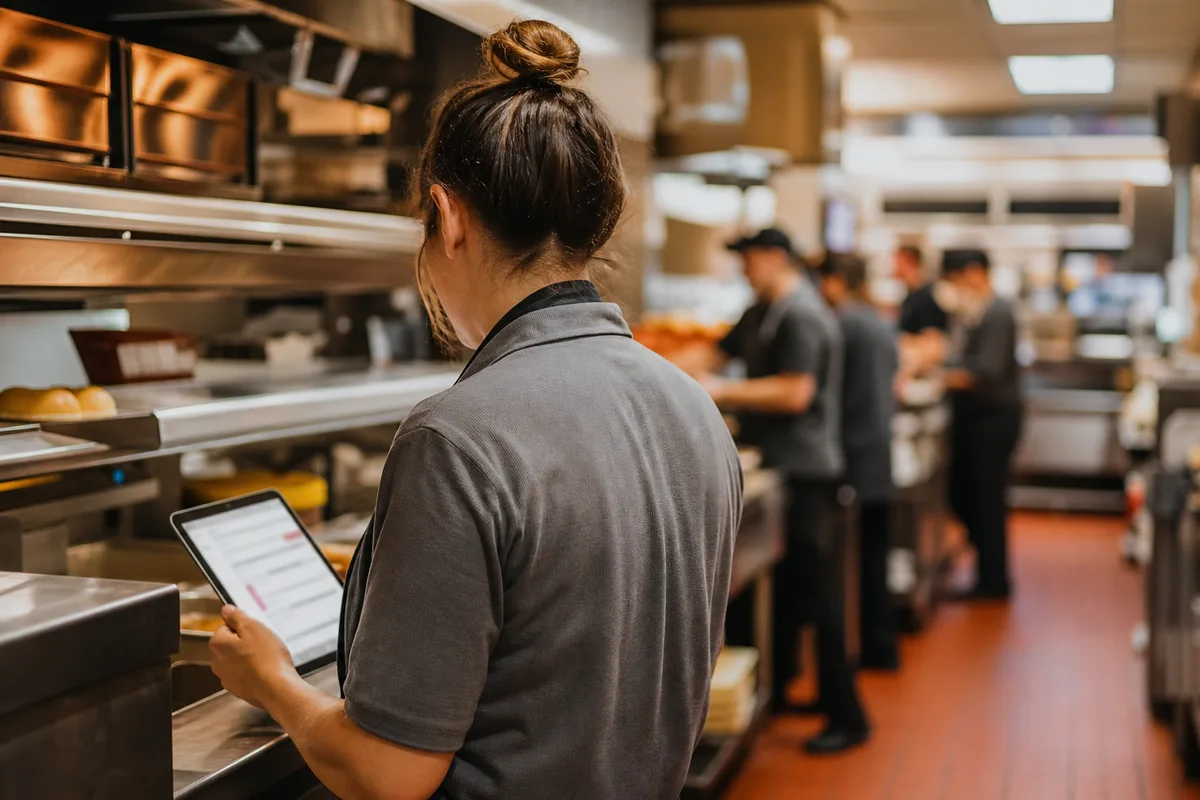 Responsable de restauration rapide vérifiant les commandes et le planning en cuisine